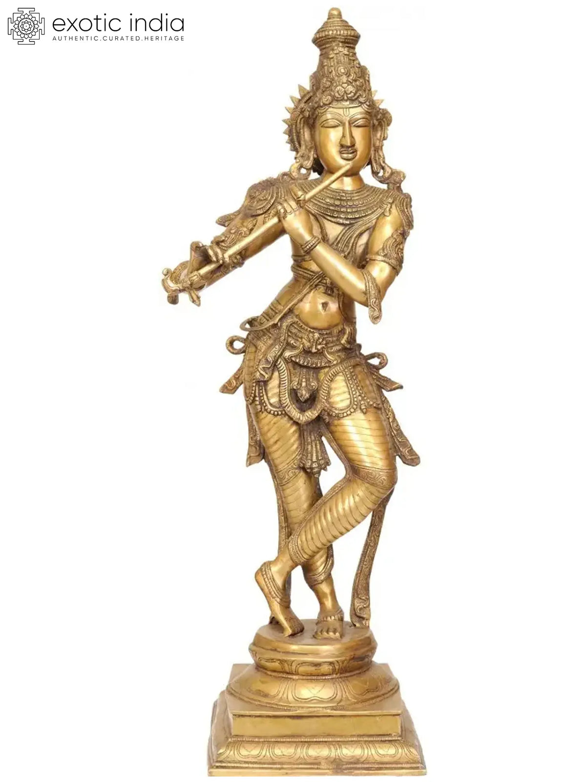 Indian Lord Krishna Playing Flute Brass Statue