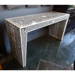 Maaya Bone inlay Black White Floral Console Hall table