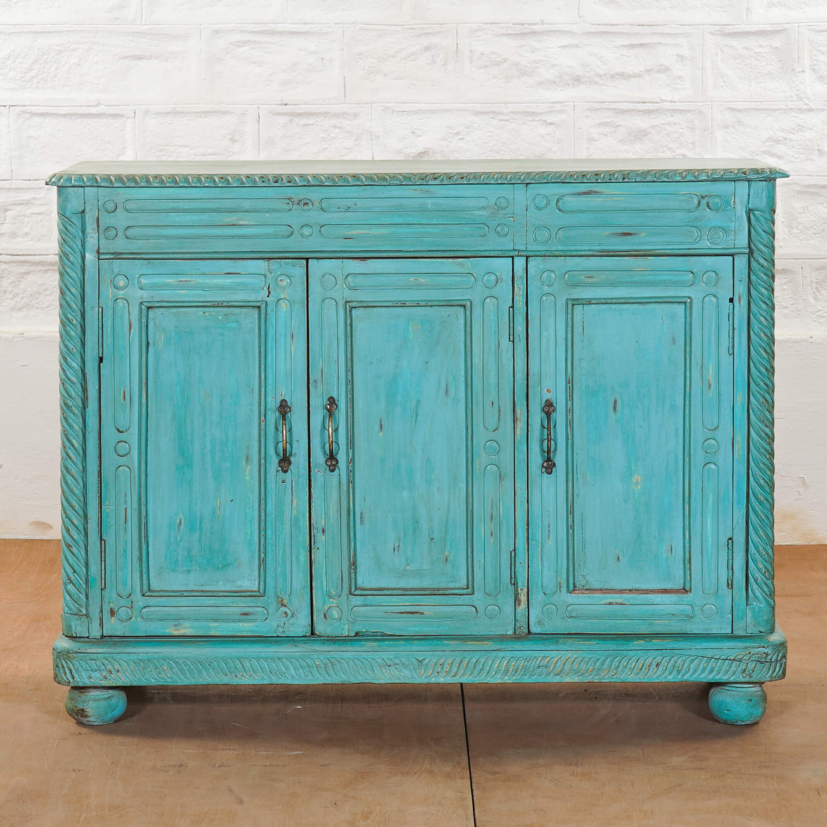 Vintage Hand Carved Solid Wood 3 Door Sideboard Blue