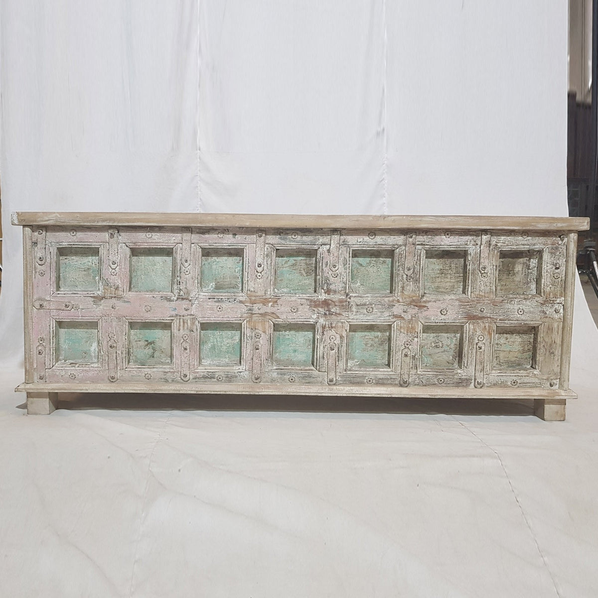 Indian Antique Old Wood Blanket Chest Box Rustic White 1.6m