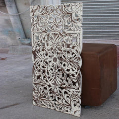 Dynasty Carved Wooden Wall Panel Bed Head Board Bedhead Whitewash B