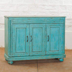 Vintage Hand Carved Solid Wood 3 Door Sideboard Blue