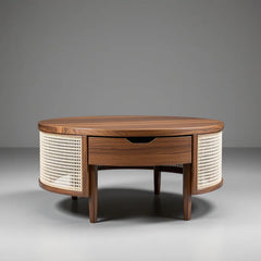 Rattan Elegance Series Solid Wood Round Shape With Rattan Cane Work Coffee Table C109