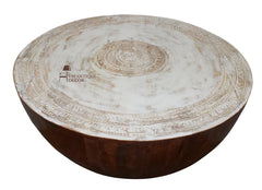 Indian Hand Carved Solid Wood Drum Coffee Table C155