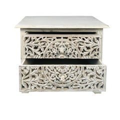 Indian Hand Carved 2 Drawers Solid Wood Bedside Table 03