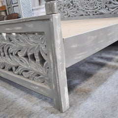 Dynasty Hand Carved Indian Wooden 4 Post Bed Frame Grey