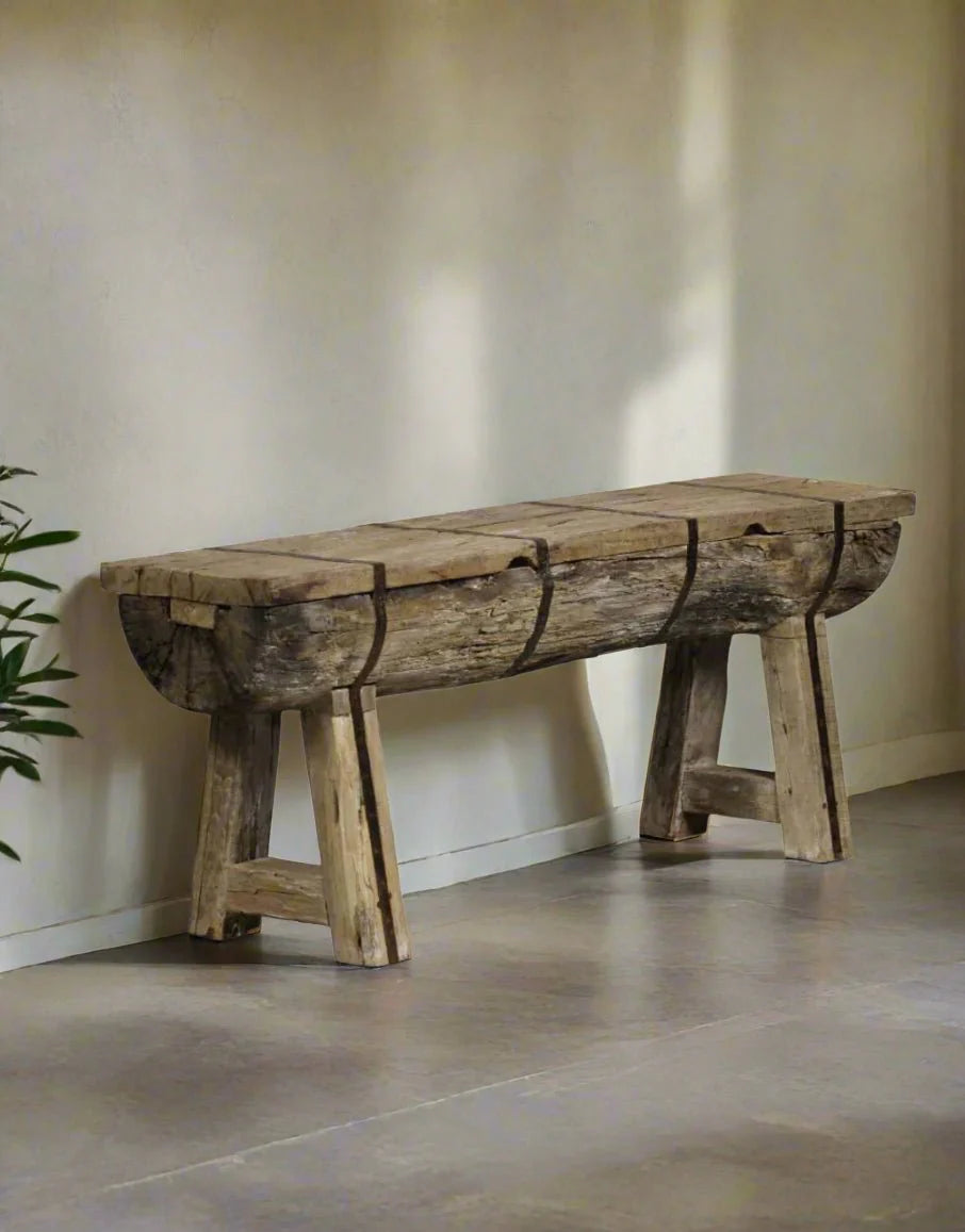 Indian Hand Carved Reclaimed Wood Bench B7