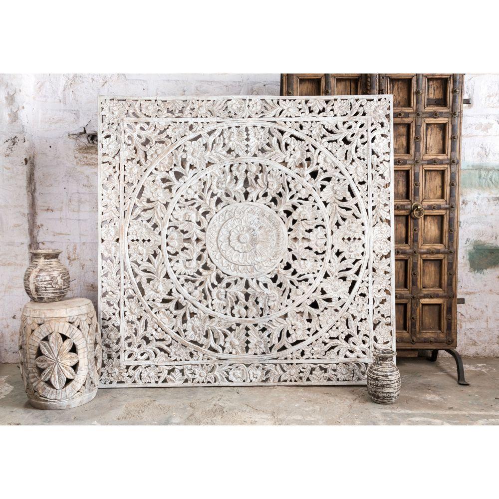 Indian Furniture Solid Hard Wood Mandala Carving Wall Panel Medium Sized