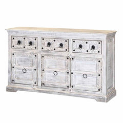 Blanc Indian Reclaimed Wood Whitewashed 3 Drawer Rustic Sideboard Cabinet