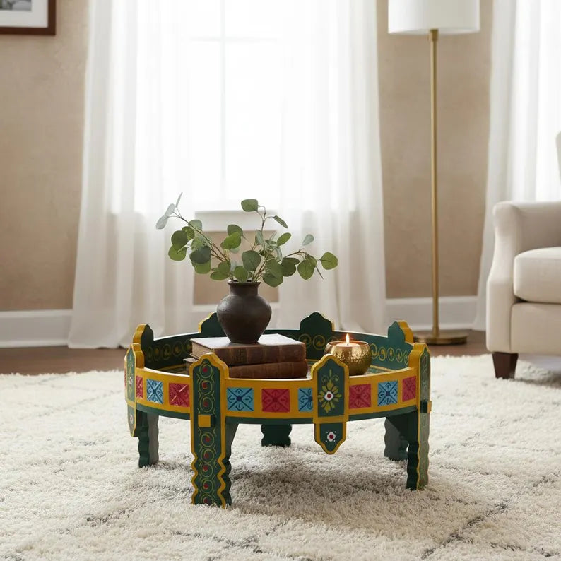 Indian Hand Painted Solid Wood Chakki Grinder Coffee Table C138