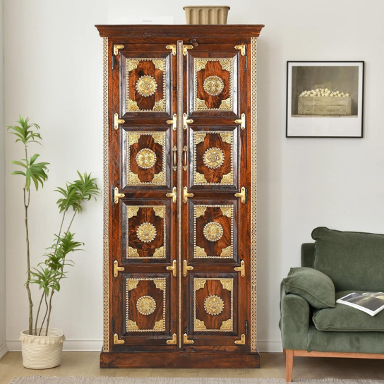 Hand Carved Solid Wooden With Brass Accents Cupboard Wardrobe D131
