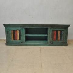 Rainbow Block Print Reclaimed boat wood Carved Panel Entertainment Unit TV Stand