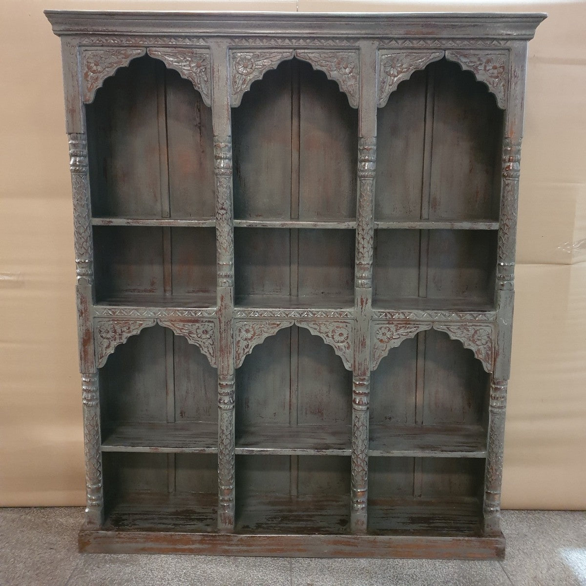 Antique Indian Floral Hand Carved Solid Wooden Bookshelf Grey 170x40x195cm