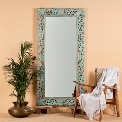 Carved Oasis Hand Carved Mango Wood Floral Carving Large Sized Mirror Frame Distressed Blue