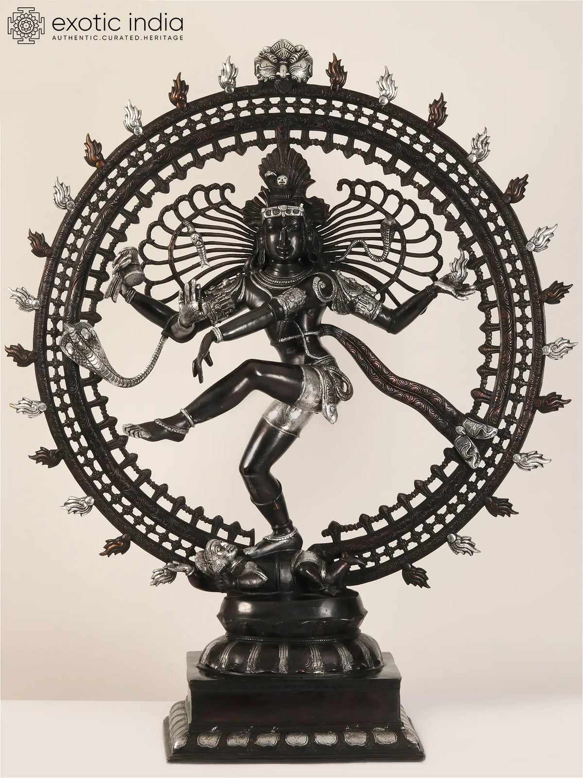 Indian Lord Nataraja Shiva Black and Silver Brass Statue
