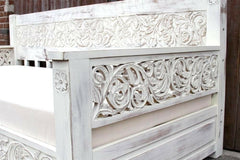 Mughal Garden Hand Carved Rustic Floral Daybed White