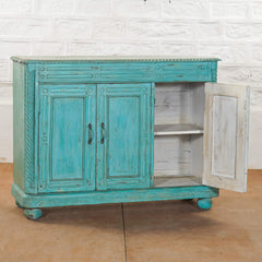 Vintage Hand Carved Solid Wood 3 Door Sideboard Blue