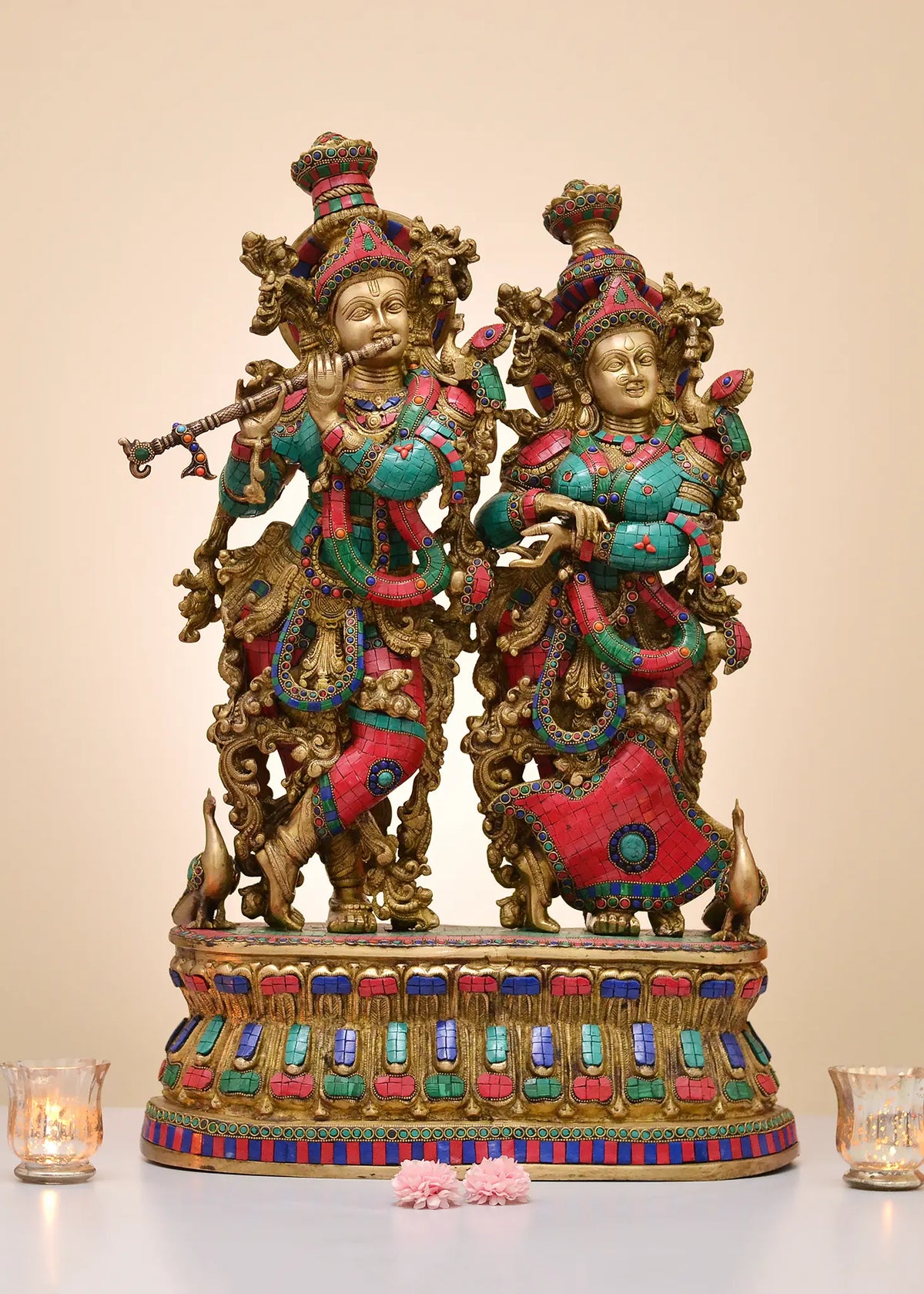 Indian Lord Radha Krishna Brass Statue With Inlay Work
