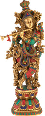 Indian Lord Krishna Playing Flute Brass Statue With Inlay Work