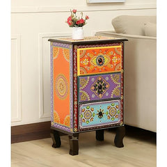 Pandora Hand Painted Indian Solid Wood 3 Drawer Bedside Table Multicolour