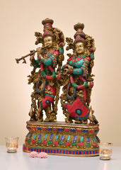 Indian Lord Radha Krishna Brass Statue With Inlay Work