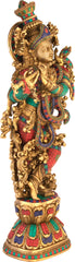 Indian Lord Krishna Playing Flute Brass Statue With Inlay Work