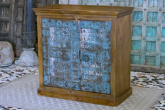 Antique Indian Industrial Hand Lava Solid Wooden Cabinet Bluewash 100x45x99cm A0213