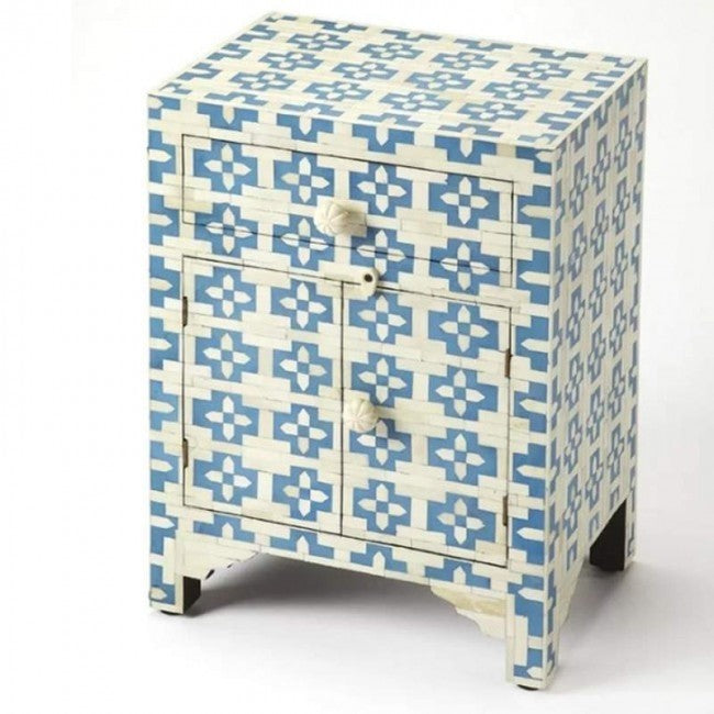 Maaya Bone Inlay Bedside Cabinet Table Blue Geometric