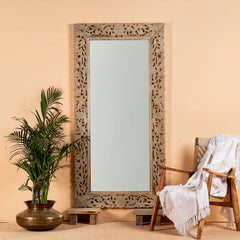 Carved Oasis Hand Carved Mango Wood Floral Carving Large Sized Mirror Frame Beige Color