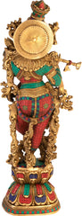 Indian Lord Krishna Playing Flute Brass Statue With Inlay Work