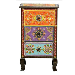 Pandora Hand Painted Indian Solid Wood 3 Drawer Bedside Table Multicolour