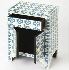 Maaya Bone Inlay Bedside Cabinet Table Blue Geometric