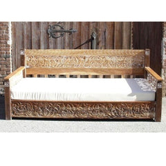 Mughal Garden Hand Carved Rustic Floral Daybed Limewash