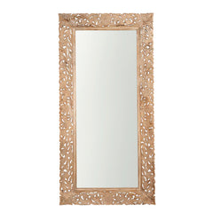 Carved Oasis Hand Carved Mango Wood Floral Carving Large Sized Mirror Frame Beige Color