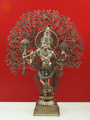 Indian Lord Krishna Playing Flute Under a Tree Brass Statue