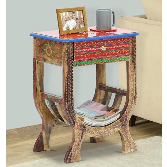 Pandora Hand Painted Indian Solid Wood Bedside Table Red