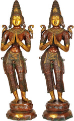 Indian Handmade Dwara-Devi Doorkeepers Pair In Brass Statue
