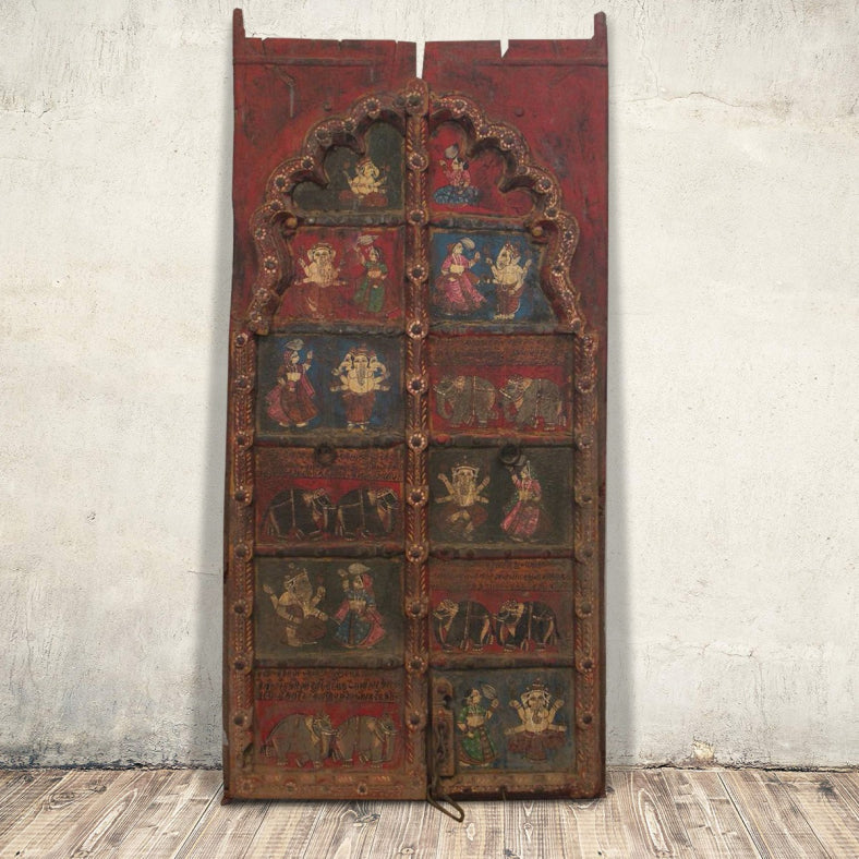 Indian Vintage Antique Hand Painted Reclaimed Wood Door Panel 92