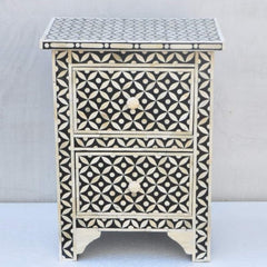 Maaya Bone Inlay Bedside Cabinet Table Black Geometric