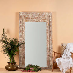 Carved Oasis Hand Carved Mango Wood Leaf Carving Large Sized Mirror Frame Distressed White