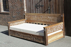 Mughal Garden Hand Carved Rustic Floral Daybed Limewash