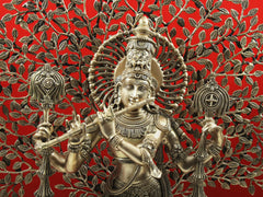 Indian Lord Krishna Playing Flute Under a Tree Brass Statue