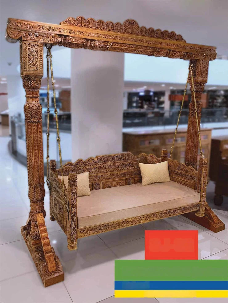 Maharaja Indian Traditional Hand Carved Wooden 3 Seater Swing