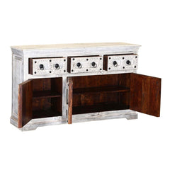 Blanc Indian Reclaimed Wood Whitewashed 3 Drawer Rustic Sideboard Cabinet