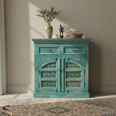 Indian Hand Carved Solid Wood Cabinet Light Blue D135