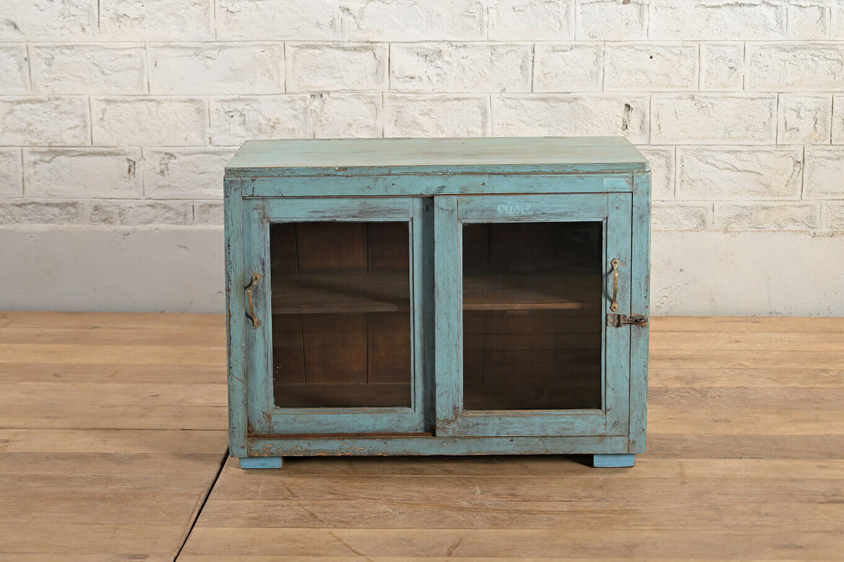 Vintage Solid Wood Indian Glass Door Cabinet