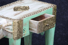 Vintage Hand Carved Elephant Solid Wood & Brass Work Side Table 47