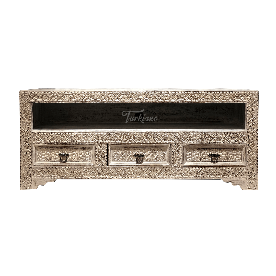 Indian Hand Carved Solid Wooden TV Unit 02
