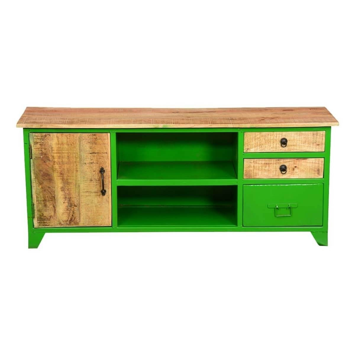 Angle Industrial Metal and Solid Wood TV Cabinet Entertainment Unit Green 140cm