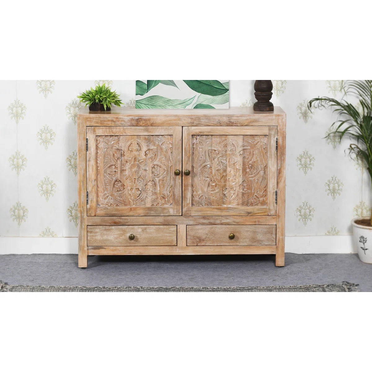 Indian Handmade Solid Wood 2 Drawers & Door Carved Cabinet